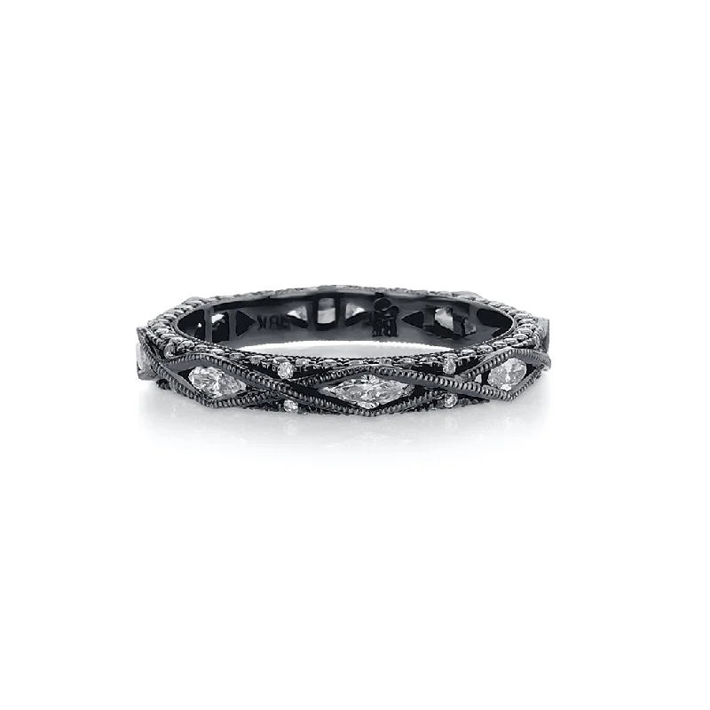 Fashionable stackable rings with different textures -1.50 Cttw Marquise and Round Diamond Milgrain 18K White Gold Eternity Band with Black Rhodium