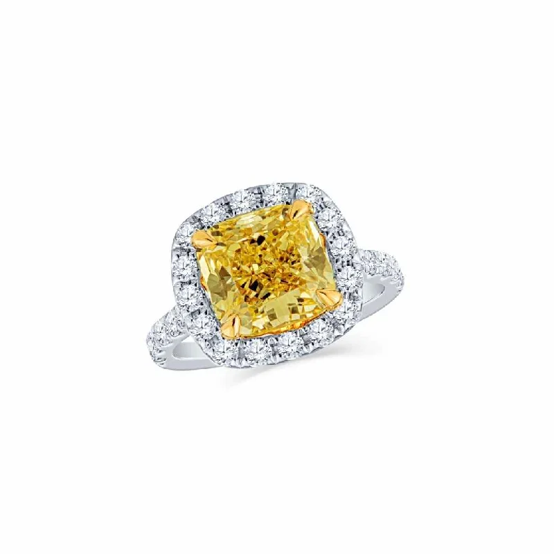 Sterling silver rings for delicate beauty -3.00 Carat GIA Certified Fancy Yellow Cushion and Round Diamond Halo Ring set in 14K Gold