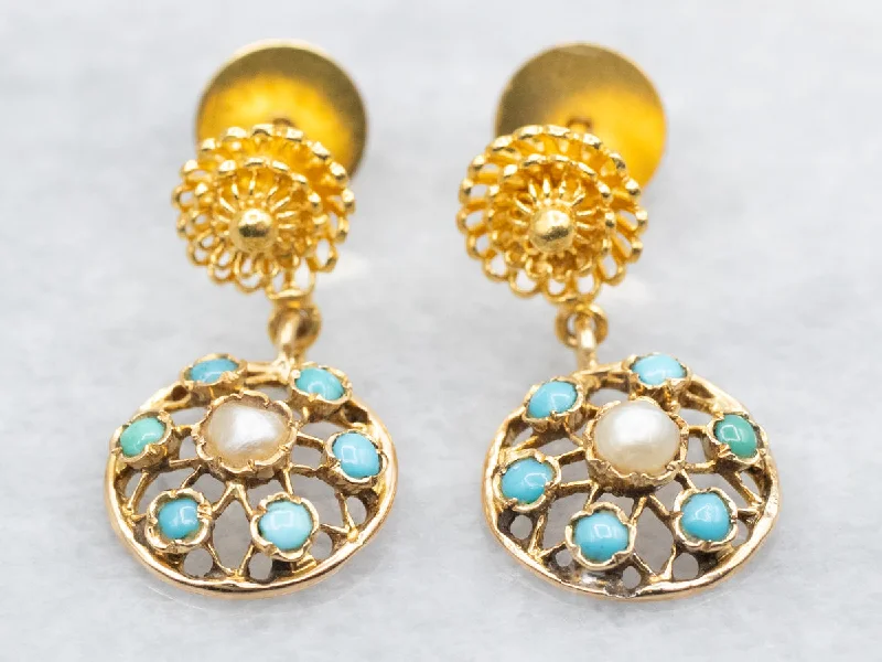 Handmade earrings with unique designs -Handcrafted Gold Pearl and Turquoise Drop Earrings