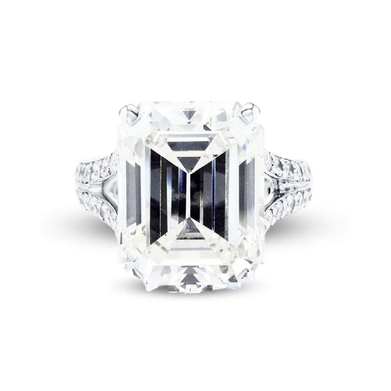 Simple platinum rings for classic elegance -12.64 CT Emerald Cut and 1.00 Cttw Diamond Split Shank Pavé Platinum Engagement Ring