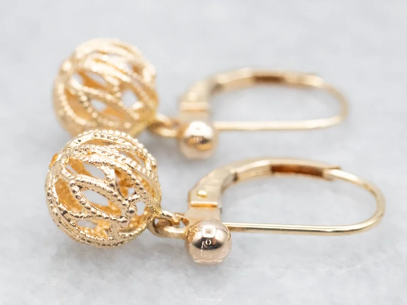 Custom gold earrings with initials -Gold Filigree Ball Drop Earrings