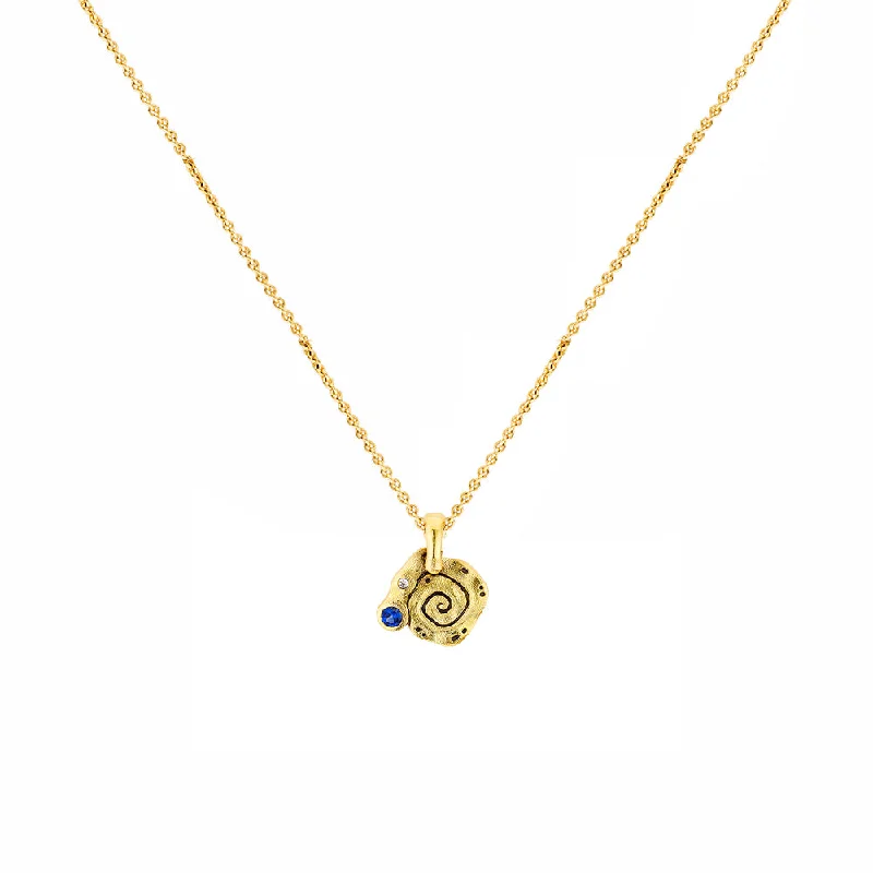 Fashionable layered necklaces with charms -18 Karat Yellow Gold Flora Snail pendant with Diamond and Sapphire