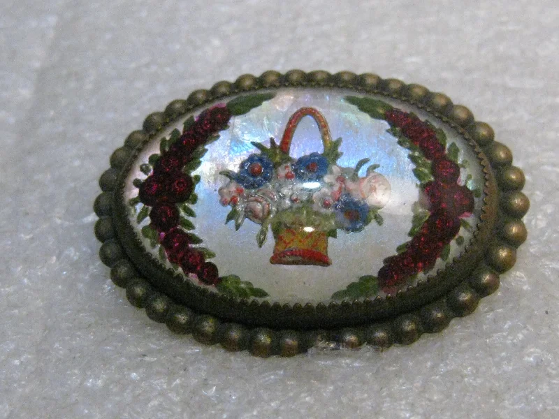 Retro flower brooch-Vintage Essex Glass Floral Brooch, Pastel Basket and Red Roses, C-Clasp, Victorian/Edwardian, 1.5"