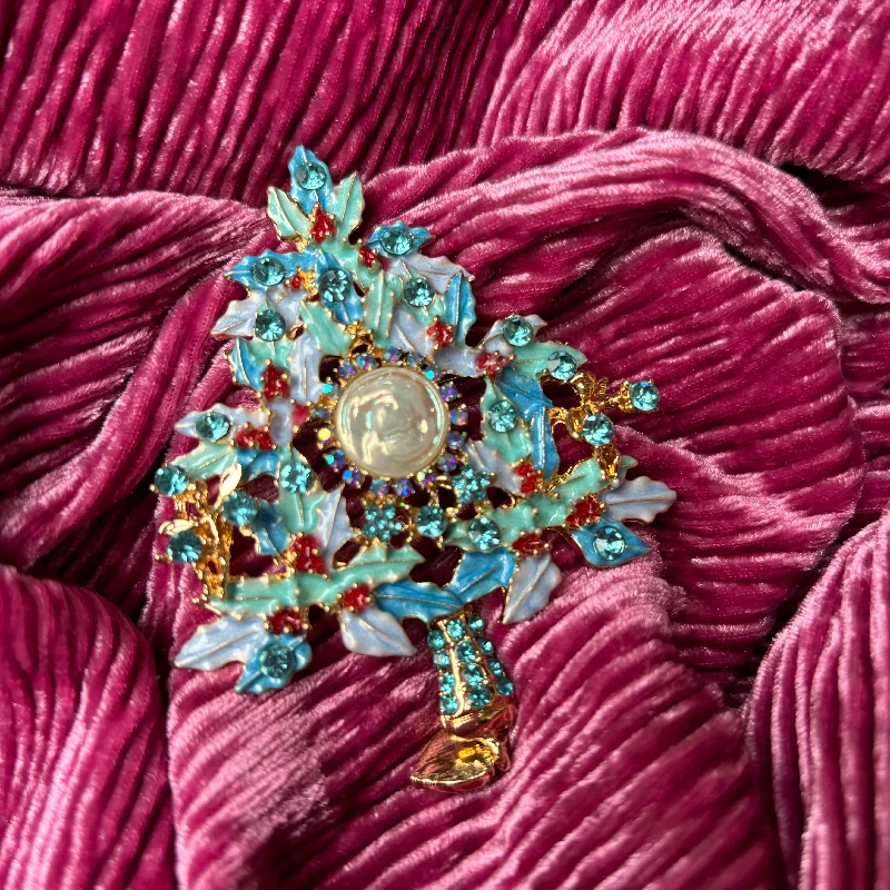 Vintage peacock brooch-Icy blue Christmas tree brooch