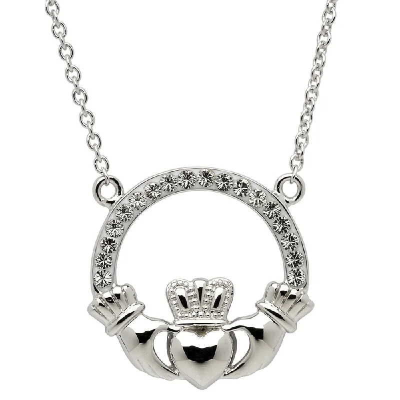 Pearl necklaces for bridal accessories -Sterling Silver Claddagh Necklace Embellished with White Swarovski Crystals SW46