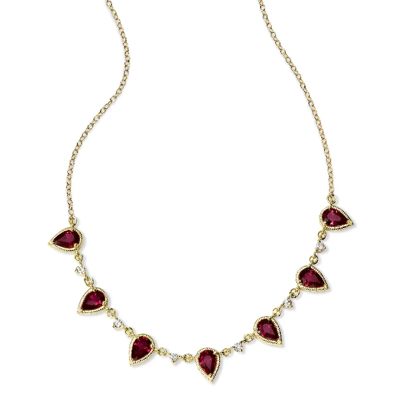 Fashionable layered necklaces with charms -Ruby and Diamond Necklace, 14K Yellow Gold