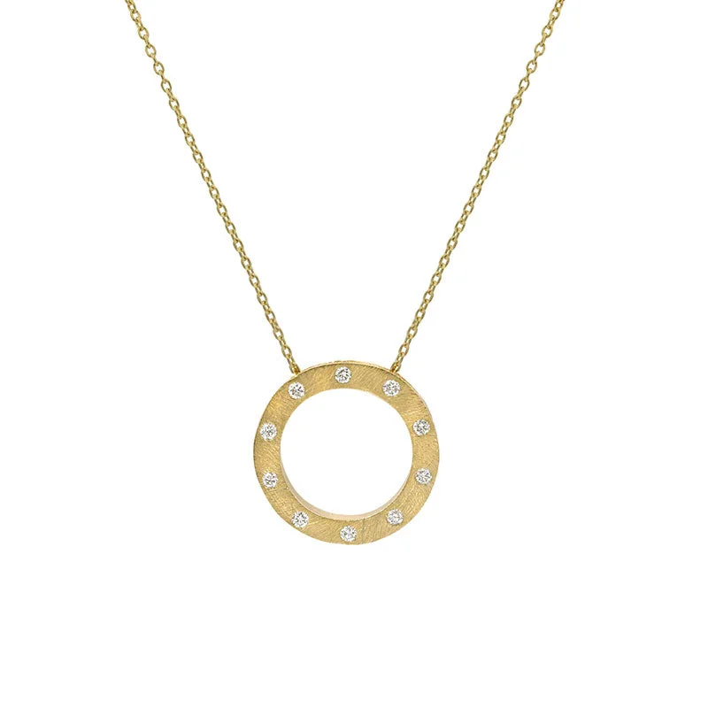 Custom-made necklaces with personalized charms -18 Karat Yellow Gold Brushed Diamond Circle Pendant with