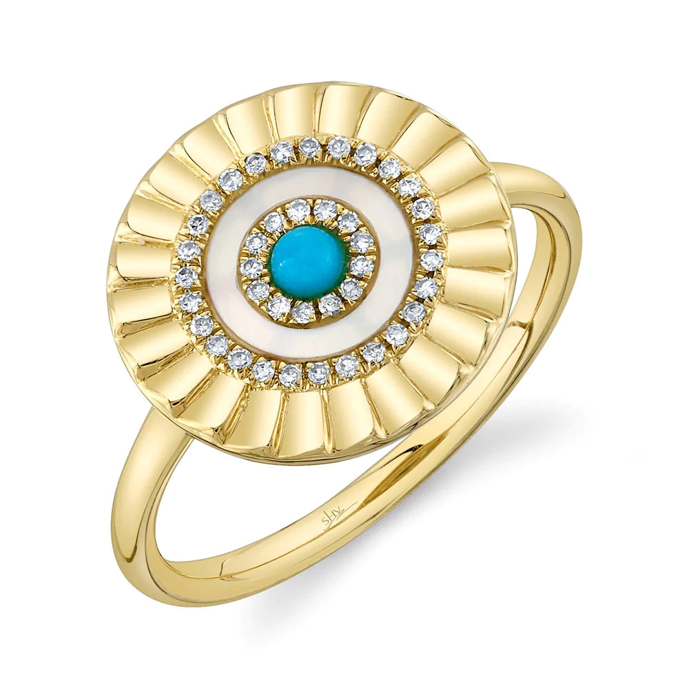 Custom logo rings for branding and style -14K Yellow Gold Composite Turquoise and Mother of Pearl Ring