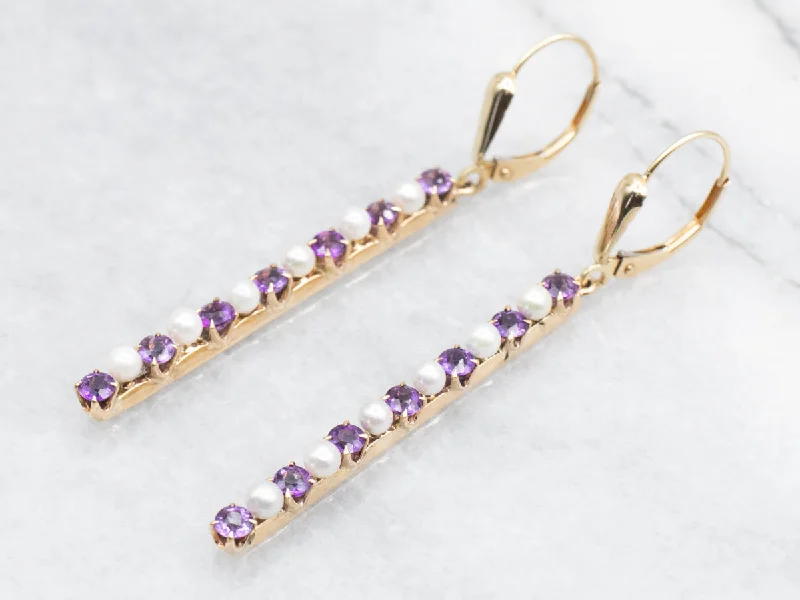 Personalized crystal earrings for unique gifts -Amethyst and Pearl Bar Drop Earrings