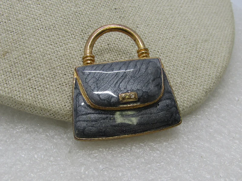 Brooch for bridesmaids-Vintage Gray Enameled Purse Brooch, 1980's, Gold Tone, 1-3.8" wide