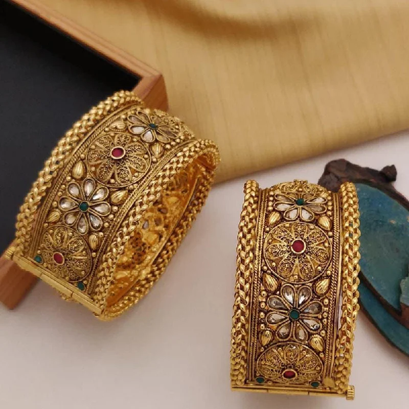 Trendy bangle sets with a mix of textures -FS Collection Gold Plated Pota Stone Openable Bangle Set