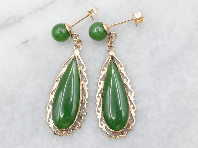 Bold statement earrings for evening events -Yellow Gold Pear and Round Cut Jade Drop Earrings