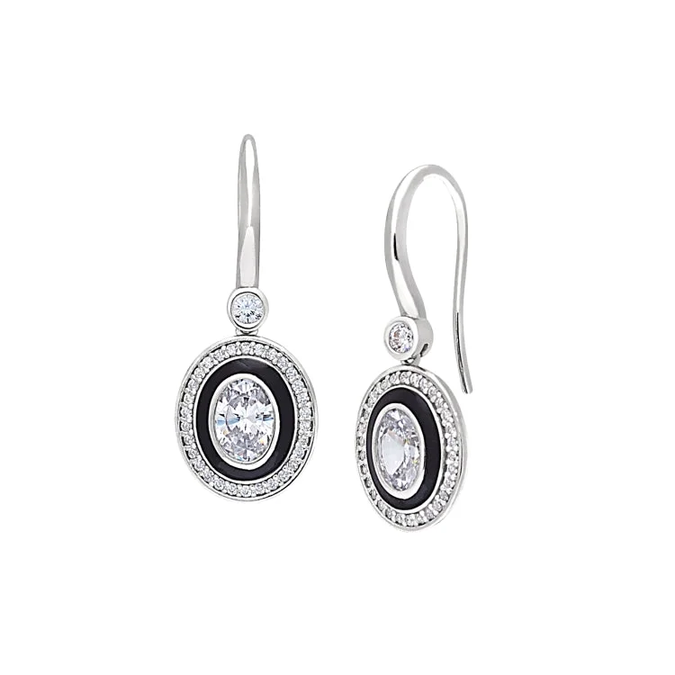 Custom hoop earrings with charms for personalization -Platinum Finish Sterling Silver Micropave Oval Halo Earrings with Black Enamel and Simulated Diamonds