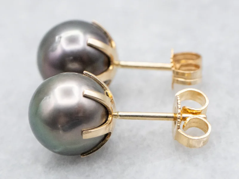 Simple gold earrings with crystal stones -Indigo Grey Pearl Stud Earrings