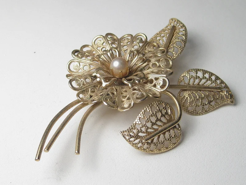 Elegant pearl brooch-Vintage Gold Tone Filigree Blossom, Stem, & Leaves Brooch with Faux Pearl Center, Mid-Century, 3"