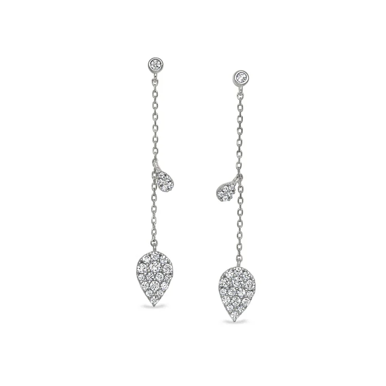 Simple silver drop earrings for everyday fashion -Platinum Finish Sterling Silver Micropave Leaf Drop Earrings with Simulated Diamonds