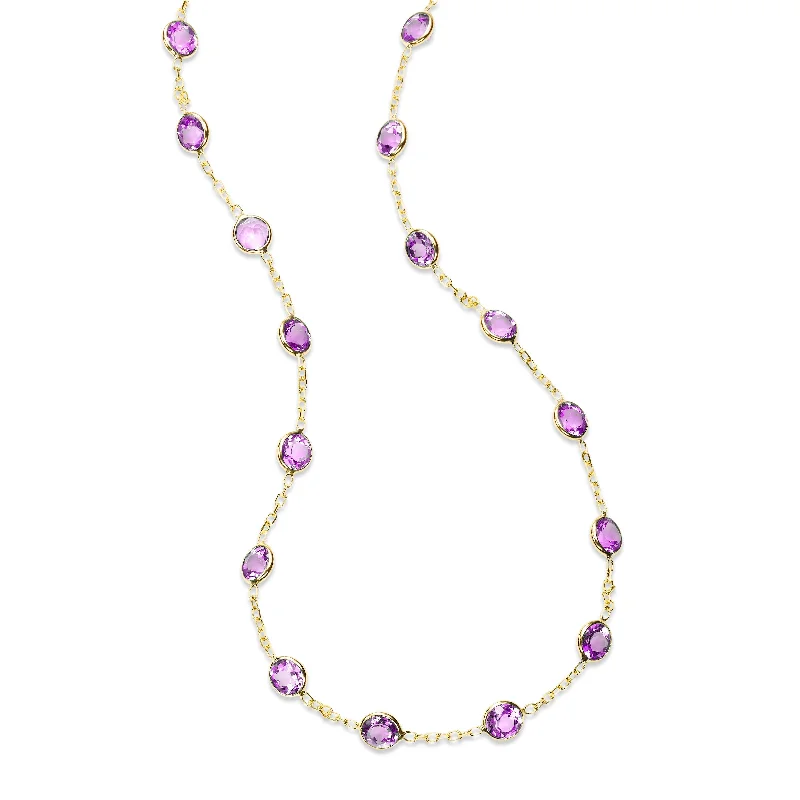 Custom gemstone necklaces for birthstone jewelry -Bezel Set Amethyst Station Necklace, 18 Inches, 14K Yellow Gold