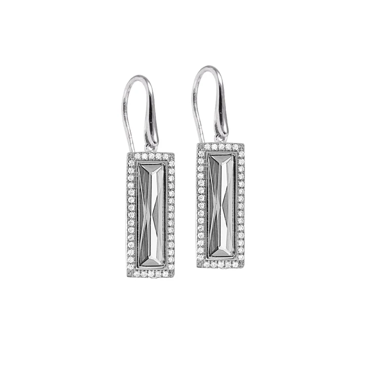 Minimalist stud earrings for everyday elegance -Rhodium Finish Sterling Silver Earrings with Rectangular Simulated Diamond Stones and Simulated Diamonds