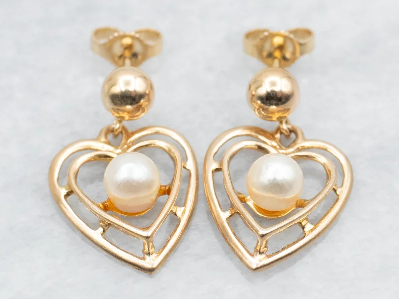 Personalized pearl earrings for thoughtful gifts -Polished Gold Heart and Pearl Drop Earrings