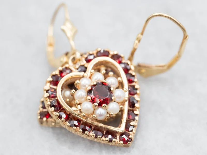 Custom gold earrings with initials -Garnet and Seed Pearl Halo Heart Shaped Drop Earrings