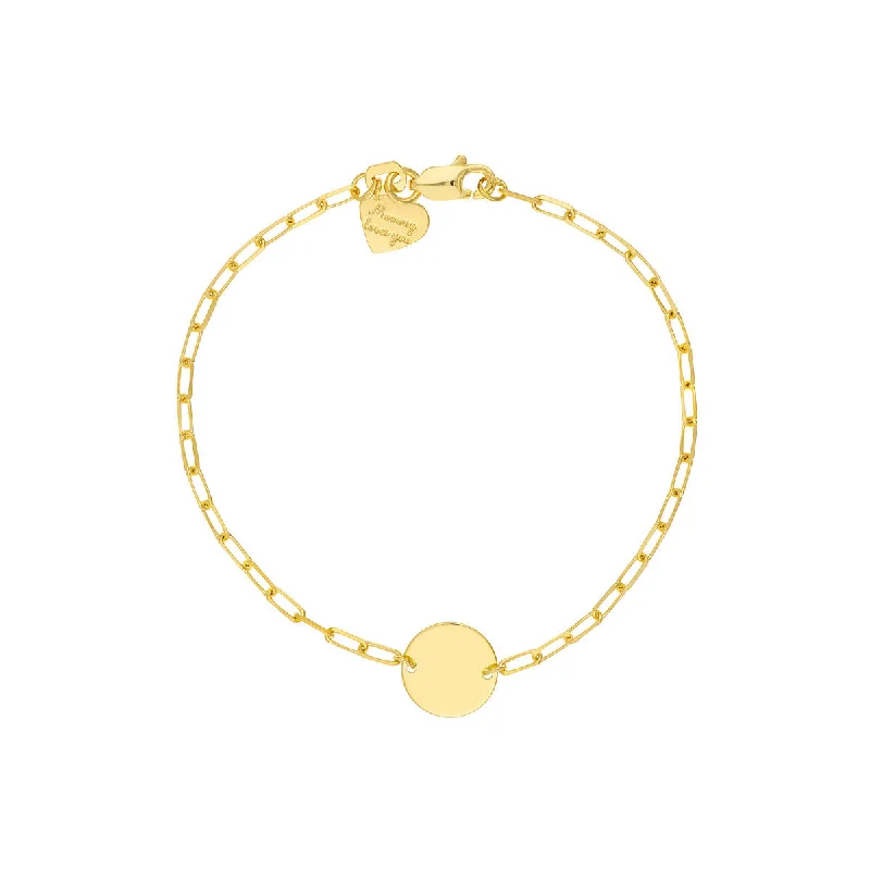 Kids personalized bracelets-14K Yellow Gold Disc and Heart Paperclip Bracelet