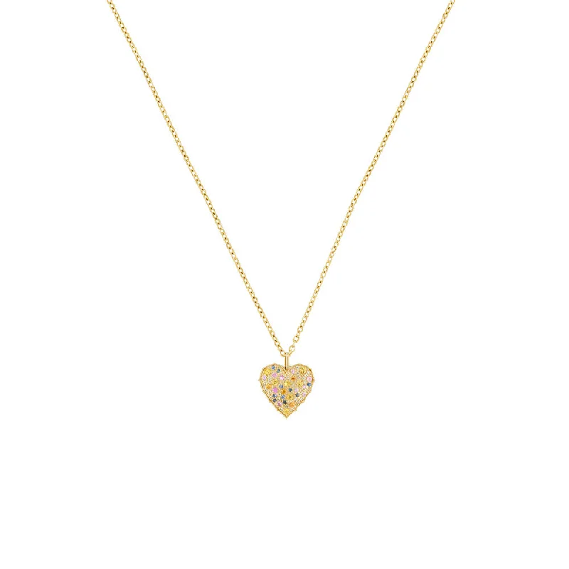 Custom couple necklaces for romantic gifts -18 Karat Yellow gold Confetti Heart pendant with multi colored sapphires