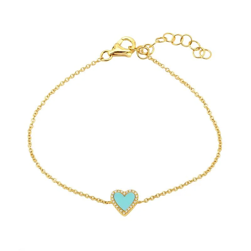 Bracelets for special occasions-14k Yellow Gold Diamond and Turquoise Large Heart Bracelet