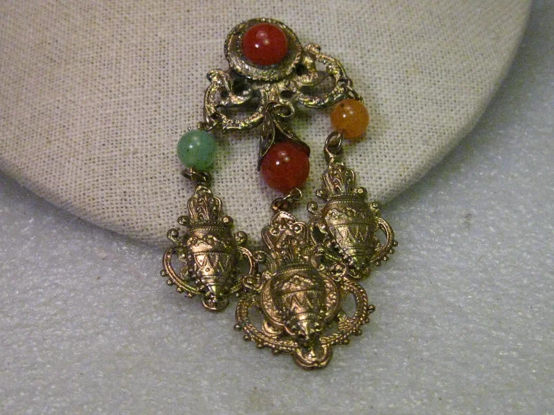 Handmade brooch with beads-Vintage Retro Roman Style Brooch with Dangling Urn Charms and Beads, 3.75" - Gold tone