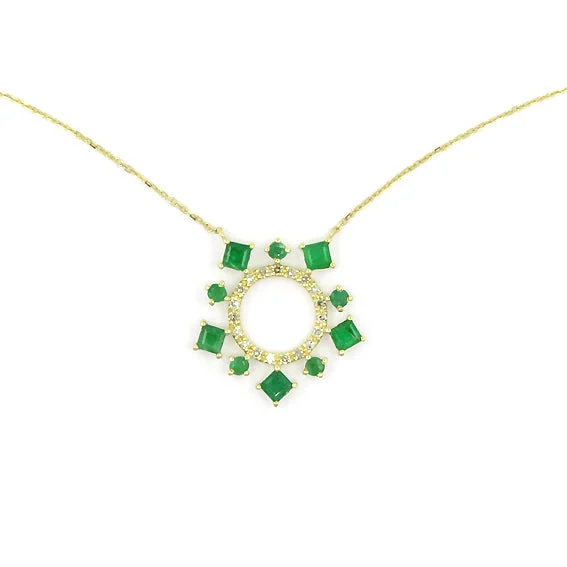 Boho chic necklaces with natural stones -Emerald and Diamond Necklace, 14K Yellow Gold