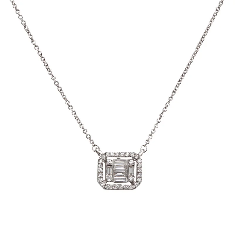 Silver necklaces with delicate pendants -Baguette Diamond and Halo Necklace, 18K White Gold