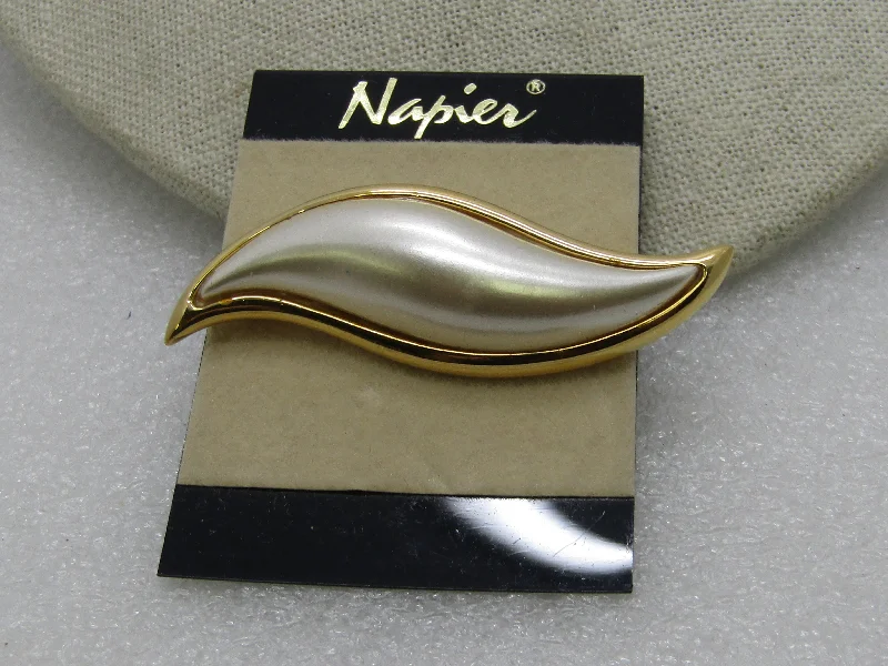 Men’s stylish brooch-Vintage Napier Faux Pearl Brooch, Curved/Pointed, 2.75", Gold Tone, 1980's