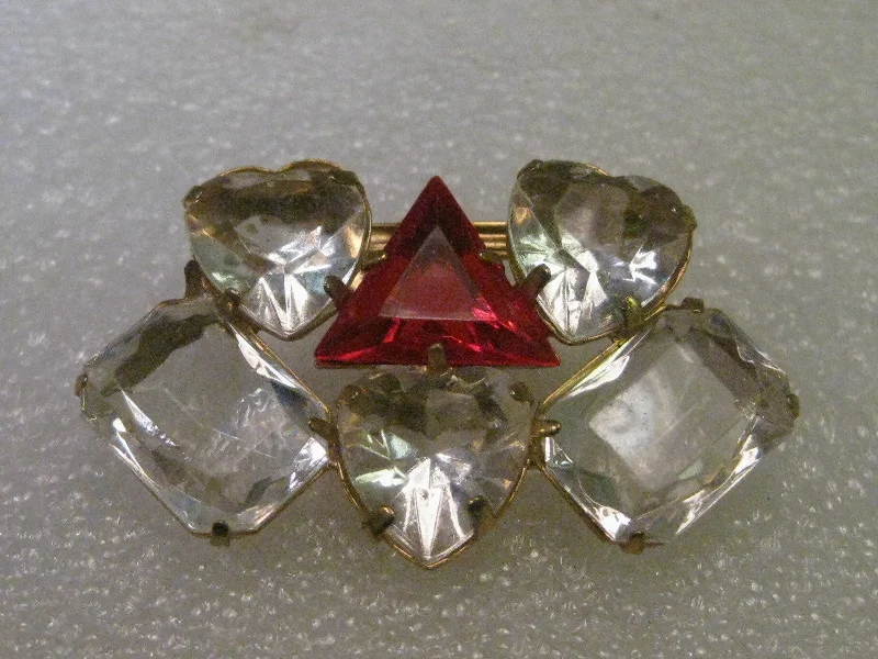 Butterfly-shaped brooch-Vintage Brooch, Clear & Red Heart, Triangular/Rectangular  Stones - 1980's.  Gold tone