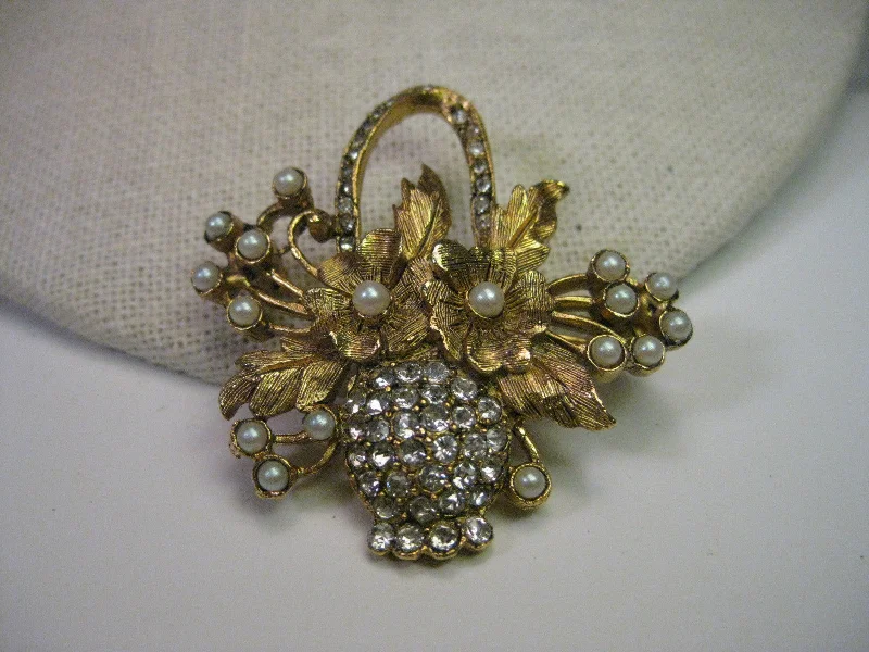 Vintage flower brooch-Vintage Brooch, Goldtone Floral Basket with Pave Rhinestones & Faux  Pearl Accents