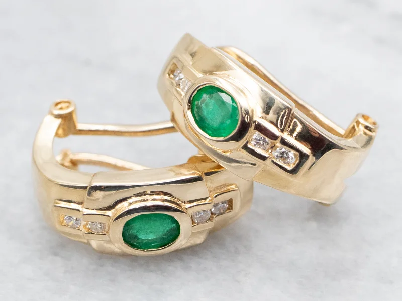 Vintage gold earrings with intricate patterns -Modern Emerald and Diamond Half Hoop Earrings