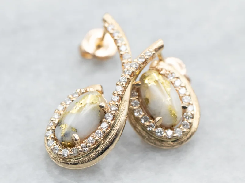 Trendy stud earrings for everyday wear -Yellow Gold Oval Cut White Quartz with Gold Veining and Diamond Earrings