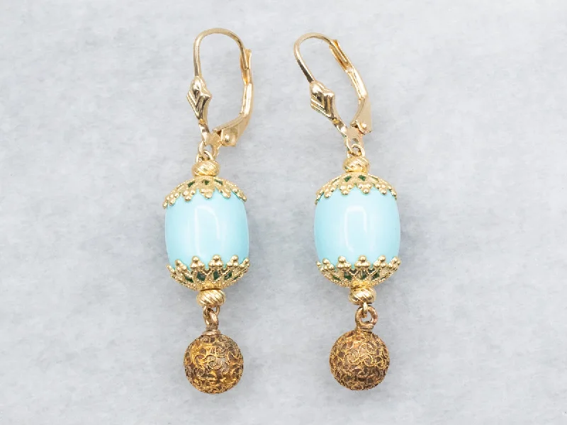 Elegant diamond earrings for luxury gifts -Yellow Gold Turquoise Bead Drop Earrings