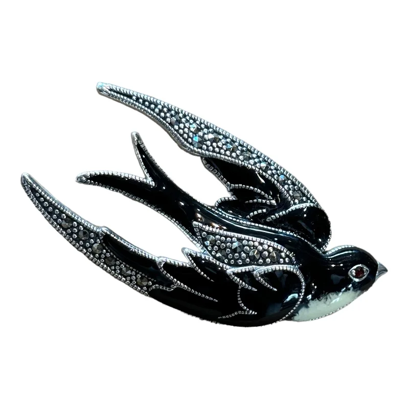 Brooch for evening gown-Black enamel Bird Brooch silver Marcasite