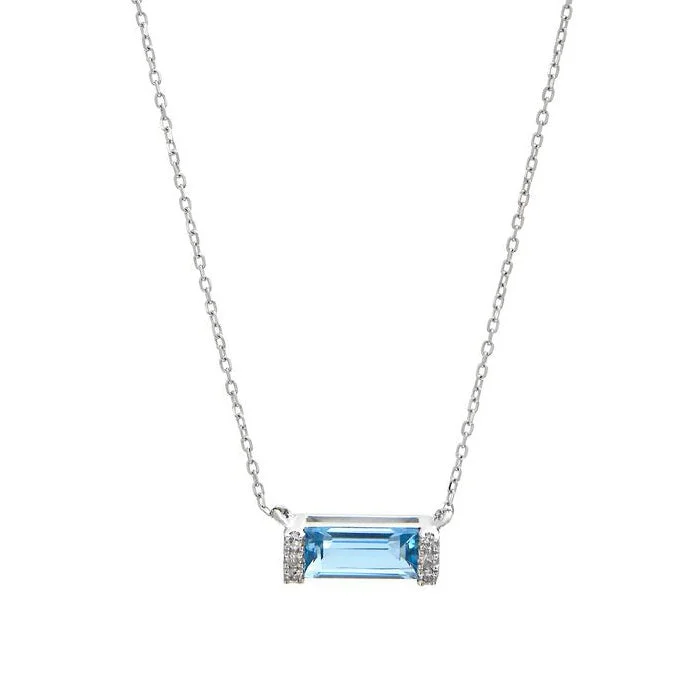 Gold-plated necklaces for affordable luxury -Blue Topaz and Diamond Bar Necklace, 14K White Gold