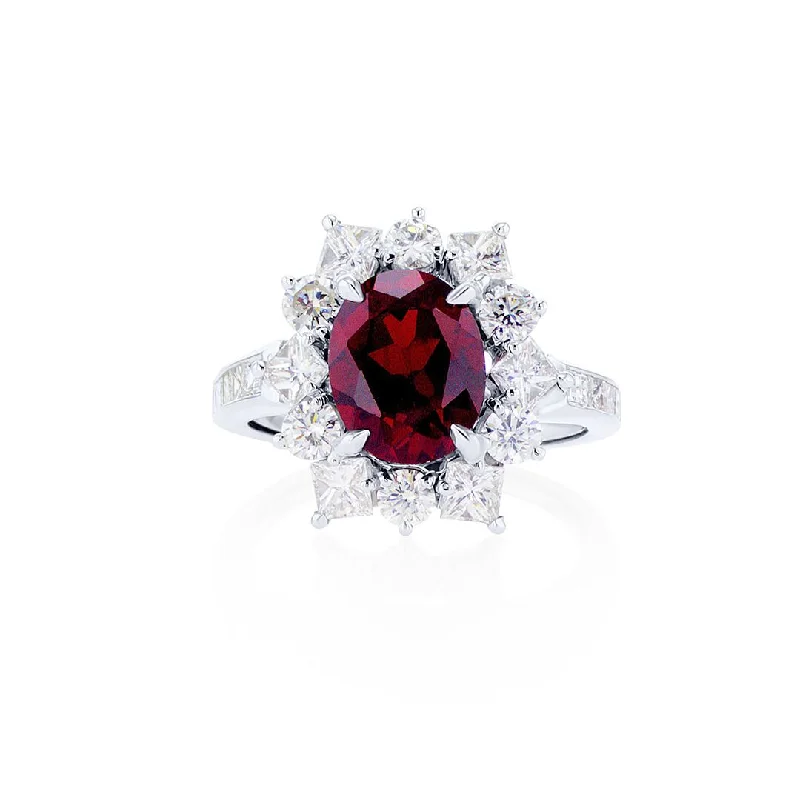 Trendy gemstone cocktail rings for attention-grabbing style -3.13 CT Oval Cut Lab Grown Ruby with 1.50 Cttw Mixed Cut Diamond Halo 18K White Gold Engagement Ring