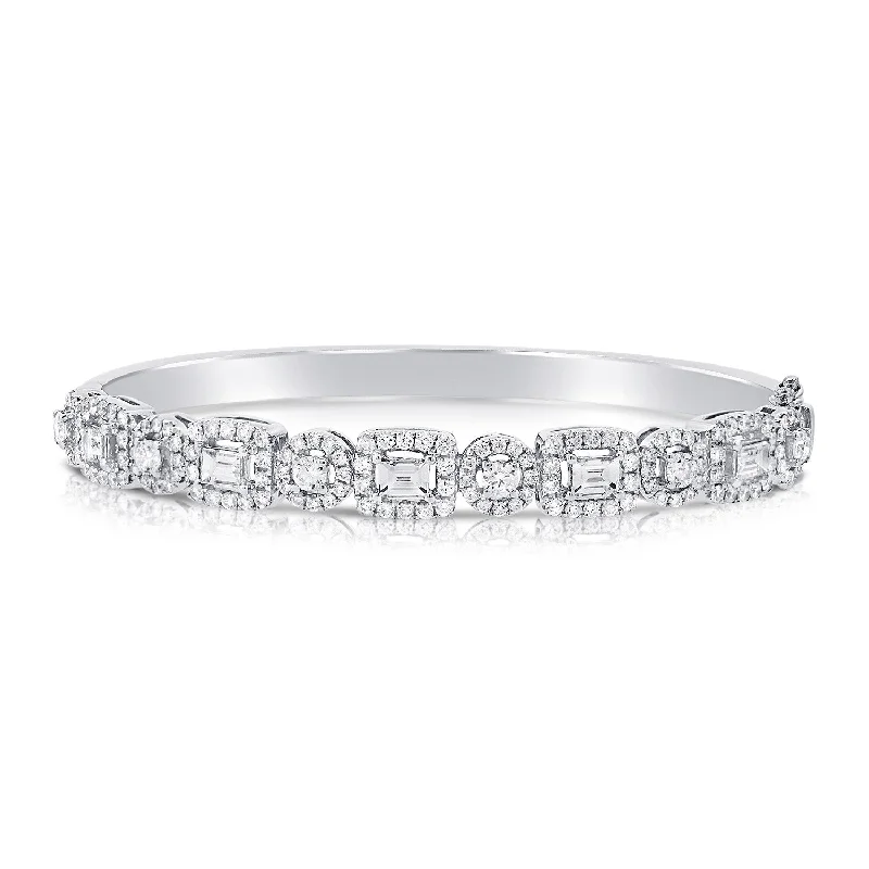 Beaded charm bracelets-14K White Gold Mixed Shape Round and Baguette Diamond Hinged Bangle