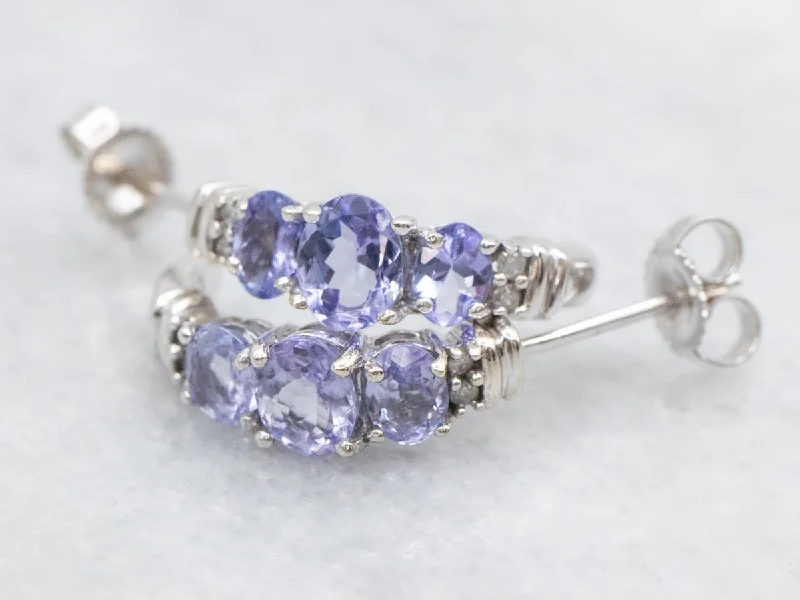 Trendy silver earrings with geometric shapes -Tanzanite and Diamond Half Hoop Earrings