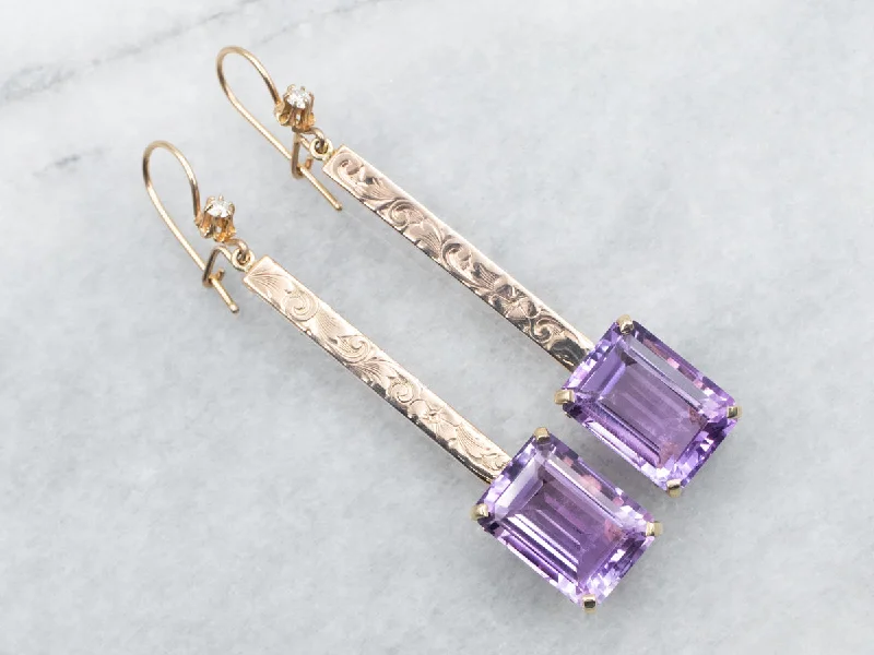 Stylish statement earrings with mixed materials -Two Tone Amethyst Bar Drop Earrings with Diamond Accents