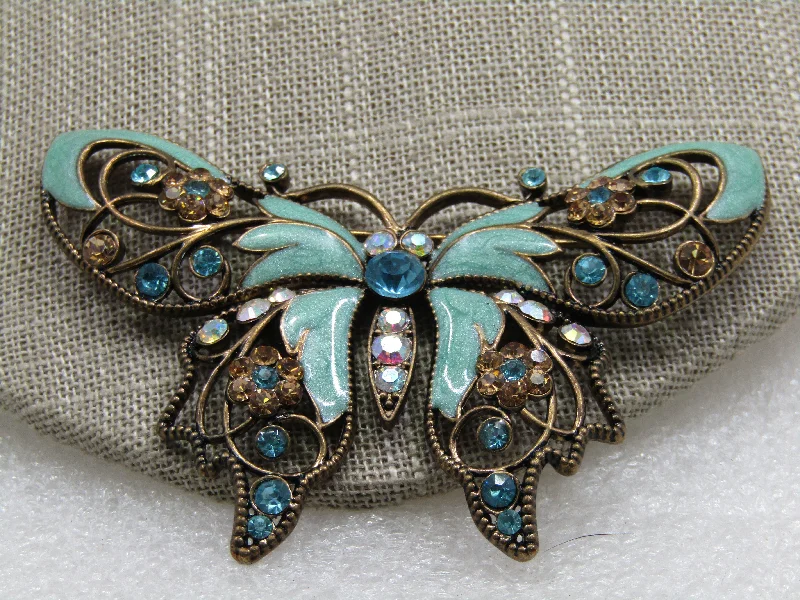 Animal-themed brooch-Vintage Enameled Rhinestone Butterfly Brooch, Nina Rici