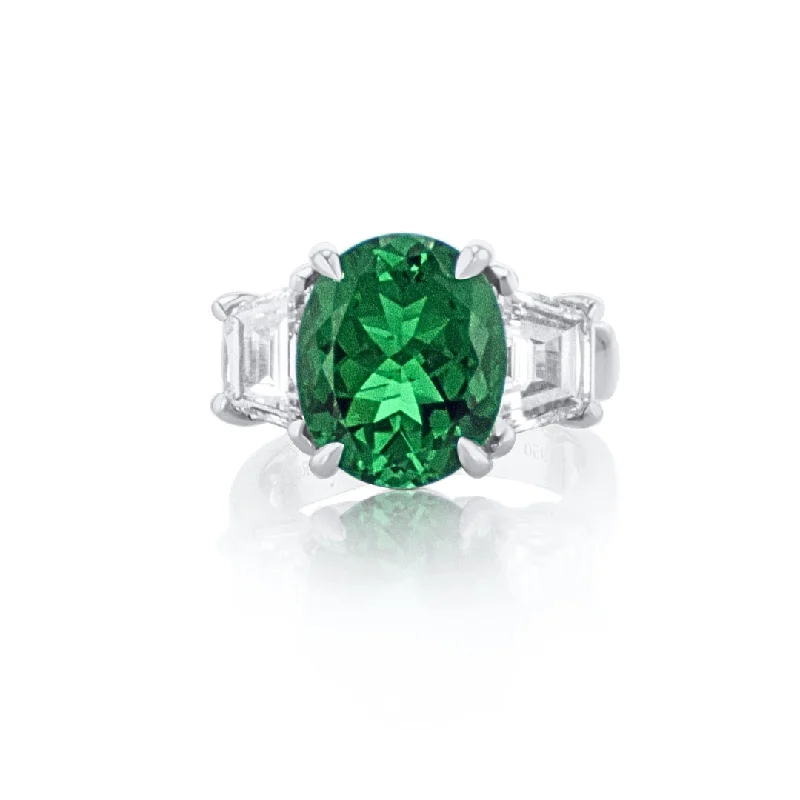 Custom birthstone rings for personal significance -3.91 CT Oval Cut Emerald and 1.88 Cttw Lab Grown Trapezoid Cut Lab Grown Diamond Three Stone Platinum Engagement Ring