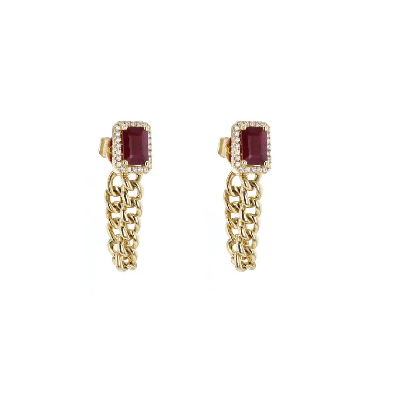 Long dangling earrings for evening wear -Ruby & Diamond Curb Link Chain Earrings