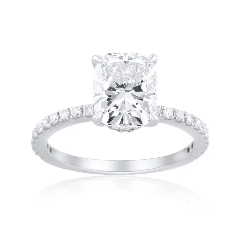 Classic gold engagement rings for timeless romance -2.01 Carat Lab Grown Cushion Cut Diamond and 0.33 Carat Natural Diamond Underhalo Ring set in 14K White Gold