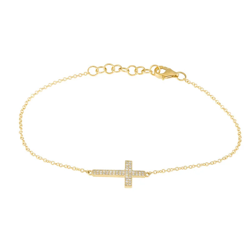 Elegant pearl bracelets-14k Yellow Gold Diamond Pave Sideways Cross Bracelet