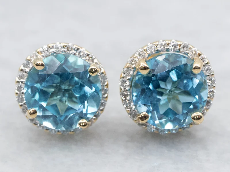 Custom pearl earrings for bridal wear -Yellow Gold Blue Topaz and Diamond Halo Stud Earrings