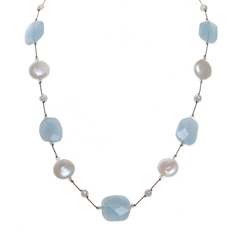 Fashionable silver and gemstone necklaces for chic looks -Faceted Aquamarine and Freshwater "Coin" Cultured Pearl Necklace, 17 Inches