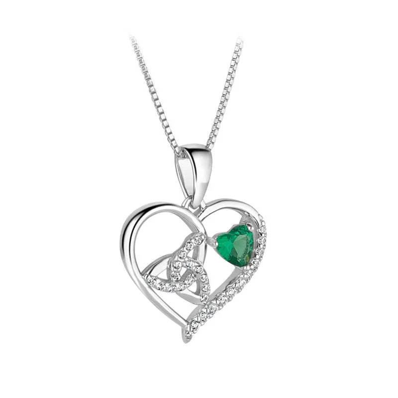 Classic pearl drop necklaces for evening elegance -Sterling Silver Trinity Knot and Green CZ Heart Pendant with Chain S47100